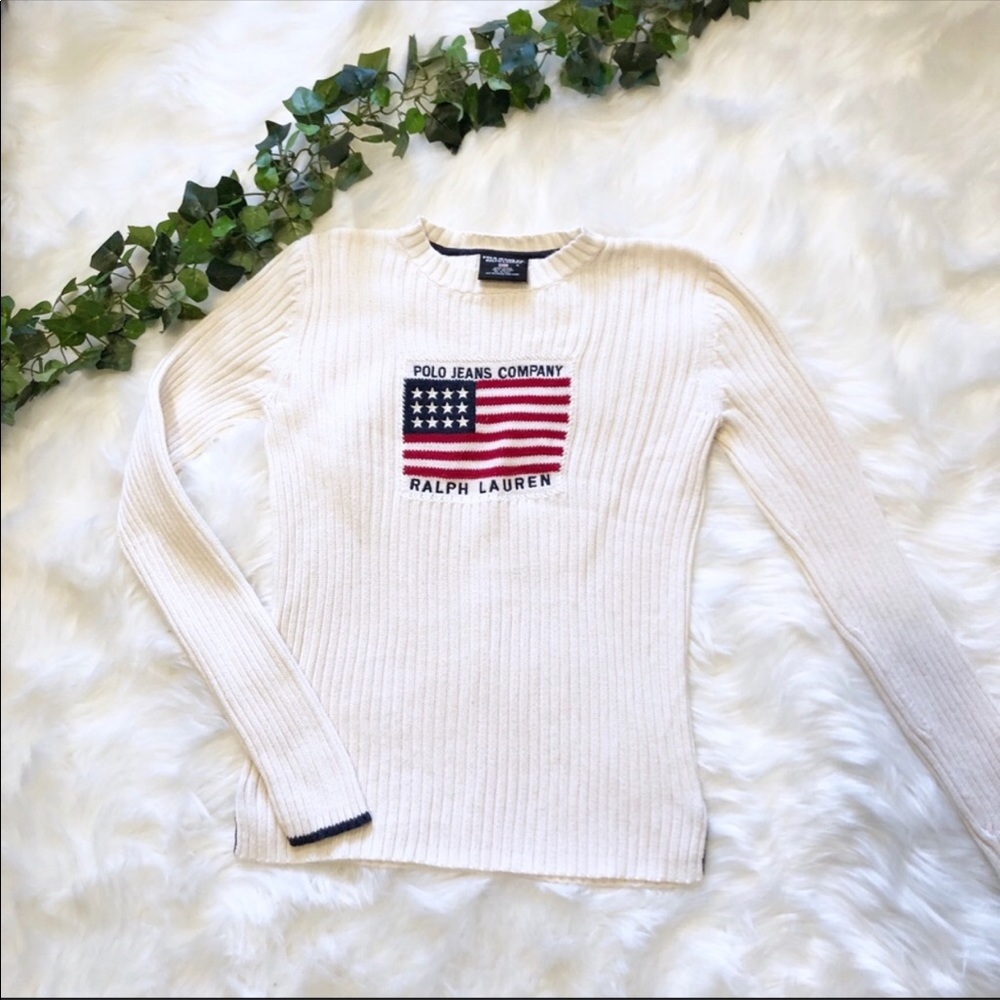 Polo by Ralph Lauren Cream Long Sleeve Ribbed Sweater with Flag Patch